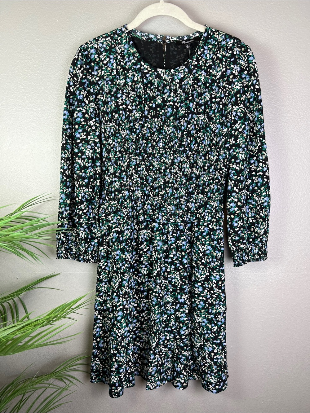 Madewell Black Midi Dress with Blue, Green & White Floral Print Smocked 6